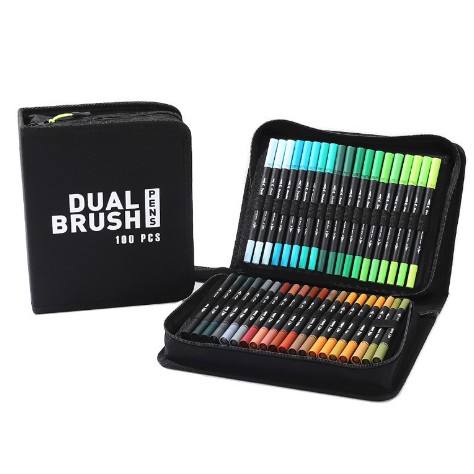 Set Carioci pe Baza de Apa, Flippy, 2 in 1, pentru Pictura, Caligrafie, 100 Culori, Penar Negru, Corp Carioca Negru, 23.5 x 19.5 x 7.5 cm, Multicolor