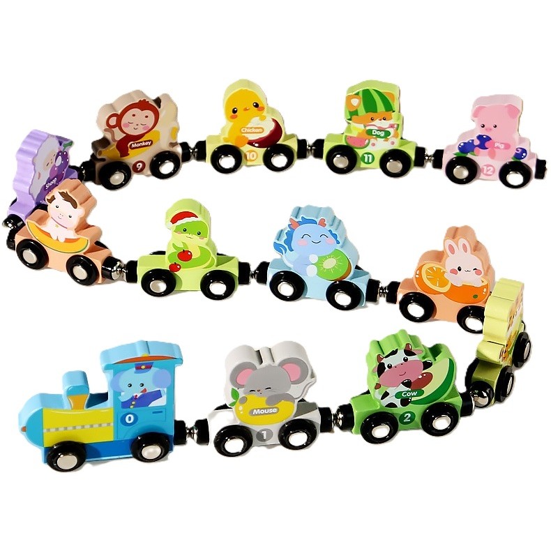 Trenulet Magnetic, Flippy, din Lemn, Model Zoo, 12 Animale, +3 Ani, Jucarie de Asamblat, Multicolor