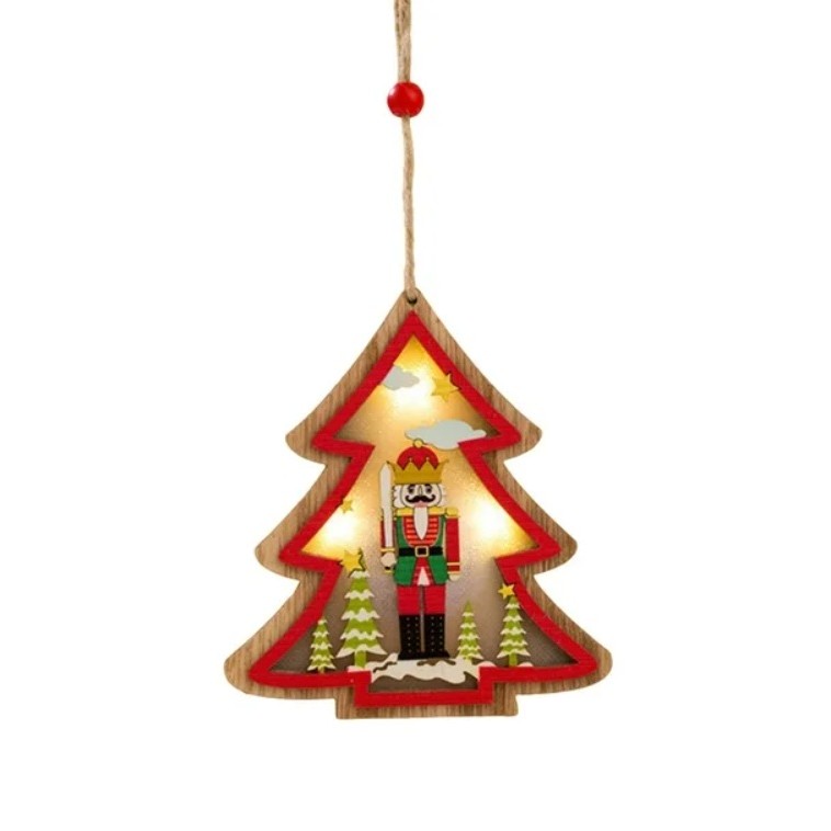 Ornament de Brad, Flippy, cu Lumini LED, din Lemn, Figurina Spargatorul de Nuci, Model Brad, Multicolor