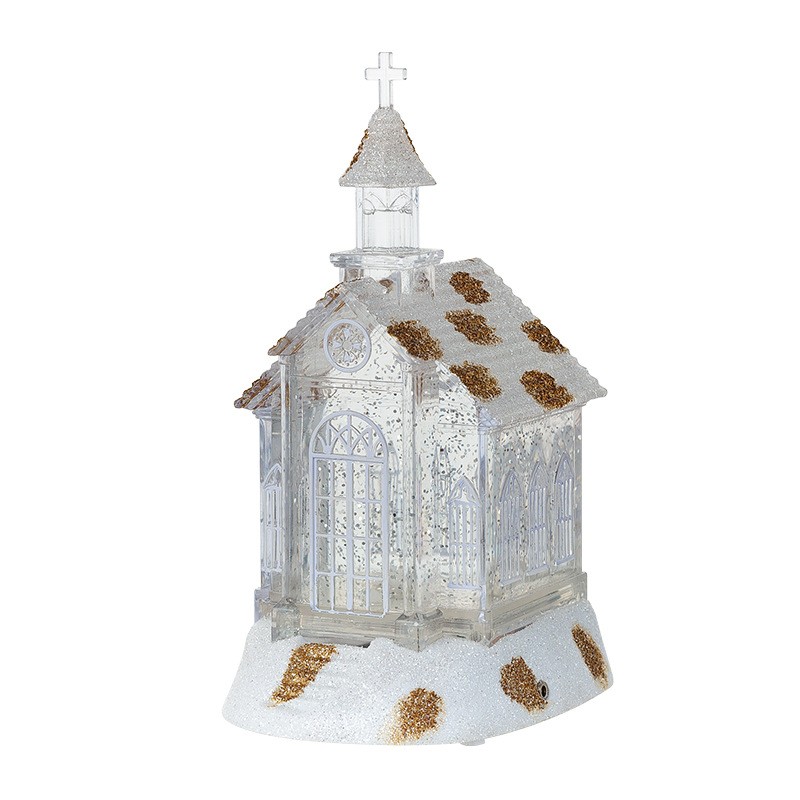 Decoratiune de Craciun, Flippy, Model Bisericuta Transparenta cu Sclipici, Iluminare LED si Efect Zapada, 22 x 13 x 11.5 cm, Alb Transparent