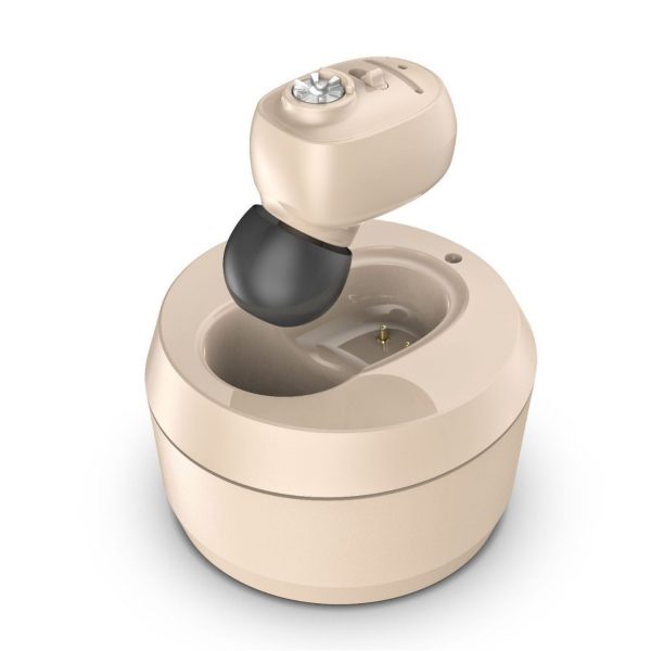 Aparat Auditiv Intraauricular In-Ear, Flippy, Amplificator de sunet pentru Auz, Minuscul Design Nou, 14 x 10 x 3.8 cm, 116 gr, Camel