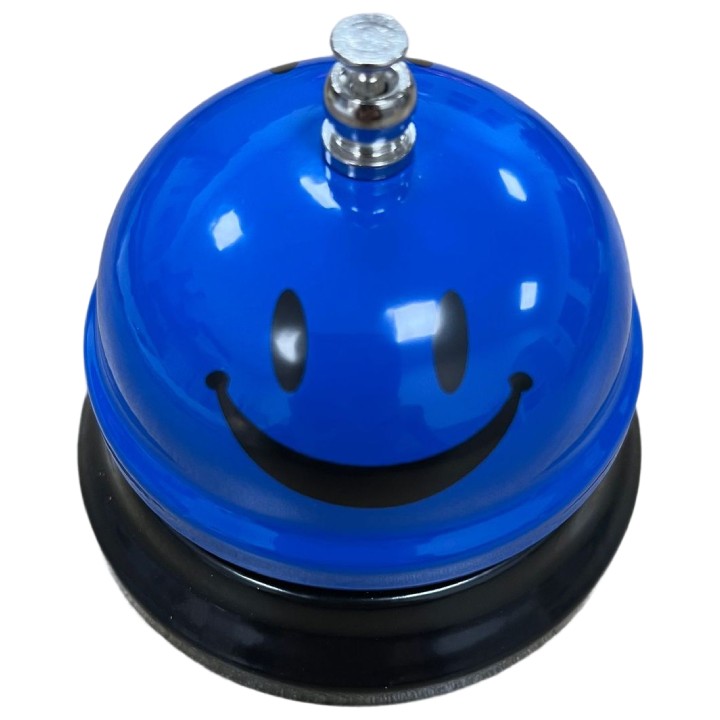 Clopotel Metalic Multifunctional, Flippy, Albastru cu Imprimeu Smiley Face, 7.5x7.5x6.5 cm, Receptie, Restaurant, Cafenele