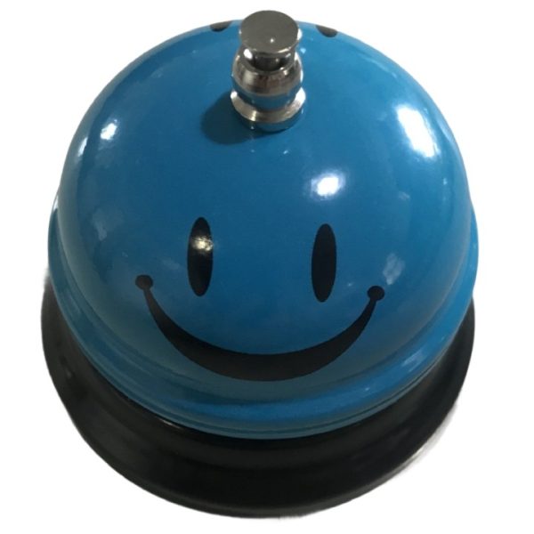 Clopotel Metalic Multifunctional, Flippy, Albastru Deschis cu Imprimeu Smiley Face, 7.5x7.5x6.5 cm, Receptie, Restaurant