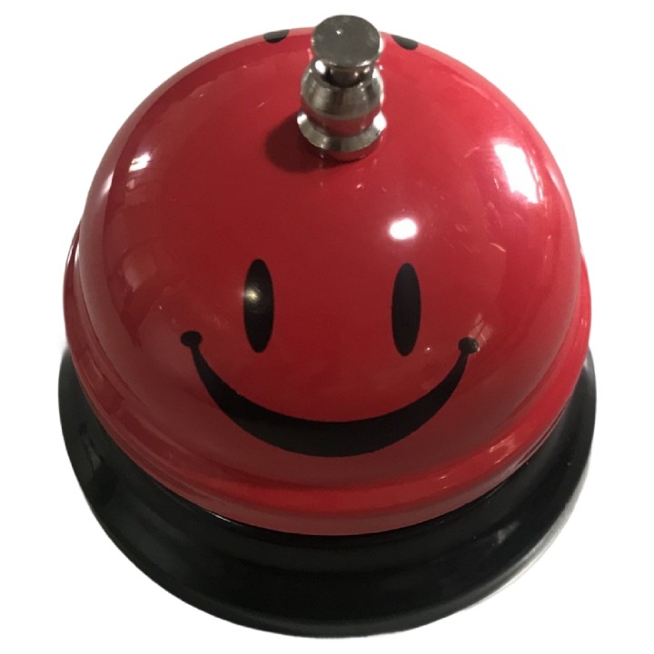 Clopotel Metalic Multifunctional, Flippy, Rosu cu Imprimeu Smiley Face, 7.5x7.5x6.5 cm, Receptie, Restaurant, Cafenele