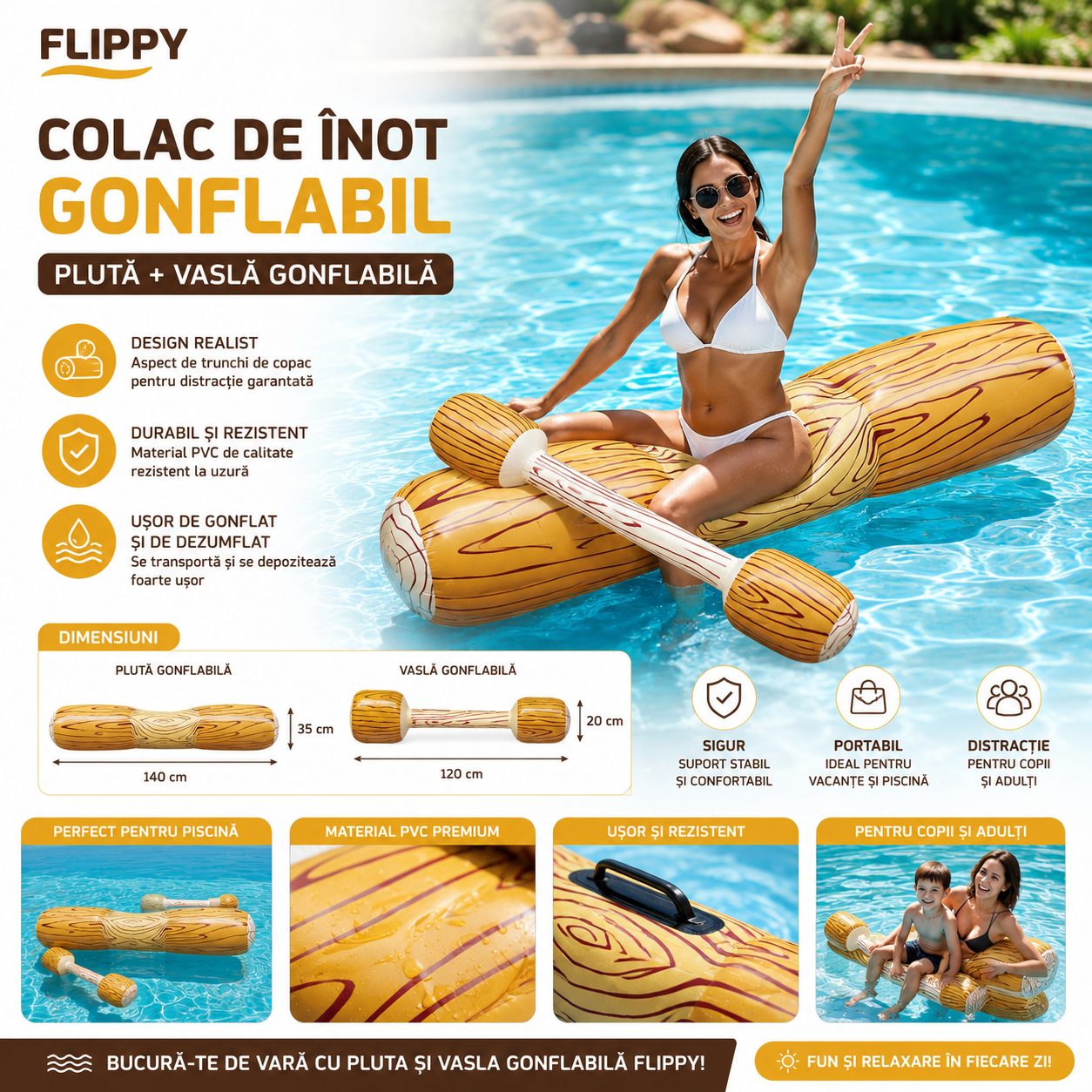 Colac de inot gonflabil sub forma de pluta + vasla gonflabila , Joc pentru piscina, Flippy - Image 2