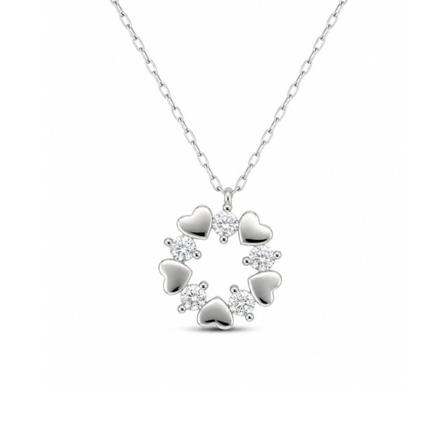 Colier din Argint 925, Jolie Silver, Model Coroniță din 5 Inimi, cu Zirconii Albe, Design Circular, Finisaj Lucios, Lungime 42cm, Argintiu