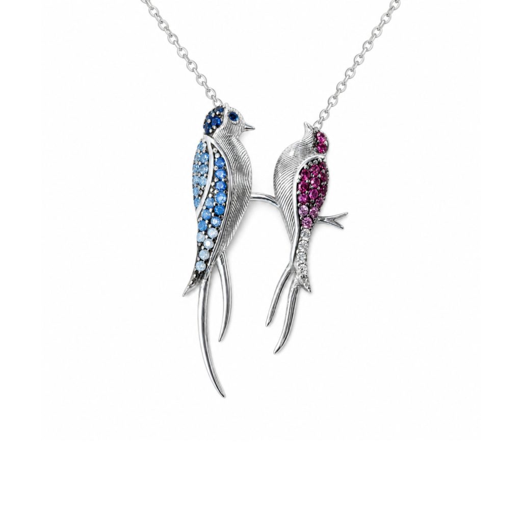 Colier din Argint 925, Jolie Silver, Model Două Rândunele El și Ea, cu Pietre de Zirconiu Multicolore, Design cu Pandantiv, Finisaj Lucios, Lungime42.7cm, Argintiu