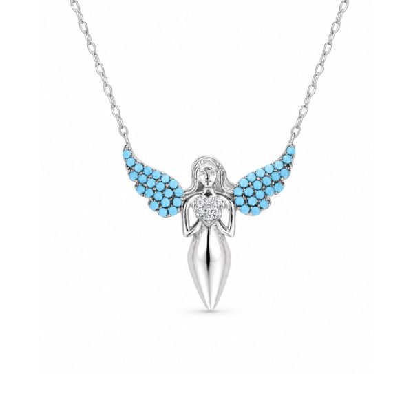Colier din Argint 925, Jolie Silver, Model Fată cu Aripi și Inimă, cu Zirconii Albe și Albastre, Finisaj Lucios, Lungime 44cm, Argintiu