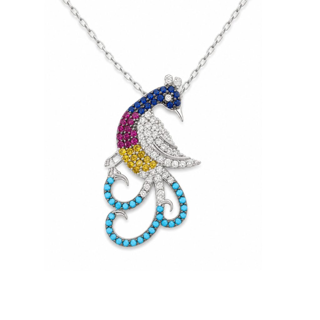 Colier din Argint 925, Jolie Silver, Model Păun cu Coroniță, cu Zirconii Multicolore, Design Elegant, Finisaj Lucios, Lungime 42.3cm, Argintiu