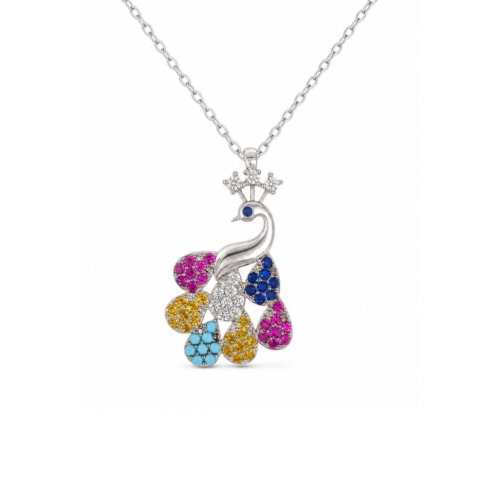 Colier din Argint 925, Jolie Silver, Model Păun cu Coroniță, cu Pietre de Zirconiu Multicolore, Design cu Pandantiv, Finisaj Lucios, 43.5cm,  Argintiu