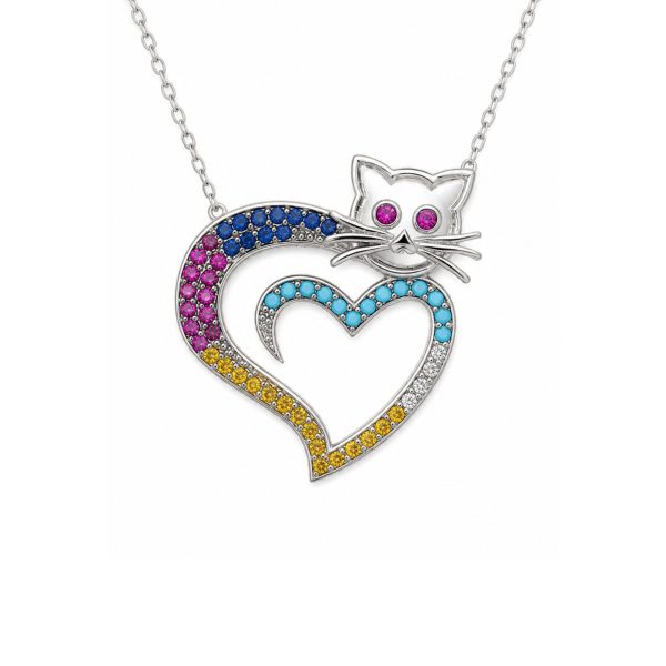 Colier din Argint 925, Jolie Silver, Model Pisică în Formă de Inimă, cu Pietre de Zirconiu Multicolore, Design cu Pandantiv, Finisaj Lucios, Lungime 43.5cm, Argintiu