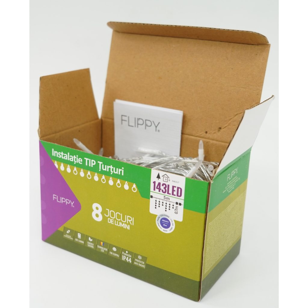 Sectiune Instalatie de Craciun, Flippy, Tip Turturi, Fara Alimentator, 5m, 143 LED-uri, 8 Jocuri de Lumini, Fir Transparent, Lumina Albastra, IP44, Interconectabila