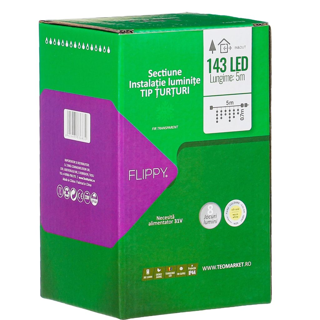 Sectiune Instalatie de Craciun, Flippy®, Tip Turturi, Fara Alimentator, 5m, 143 LED-uri, 8 Jocuri de Lumini, Fir Transparent, Lumina Alb Cald, IP44, Interconectabila