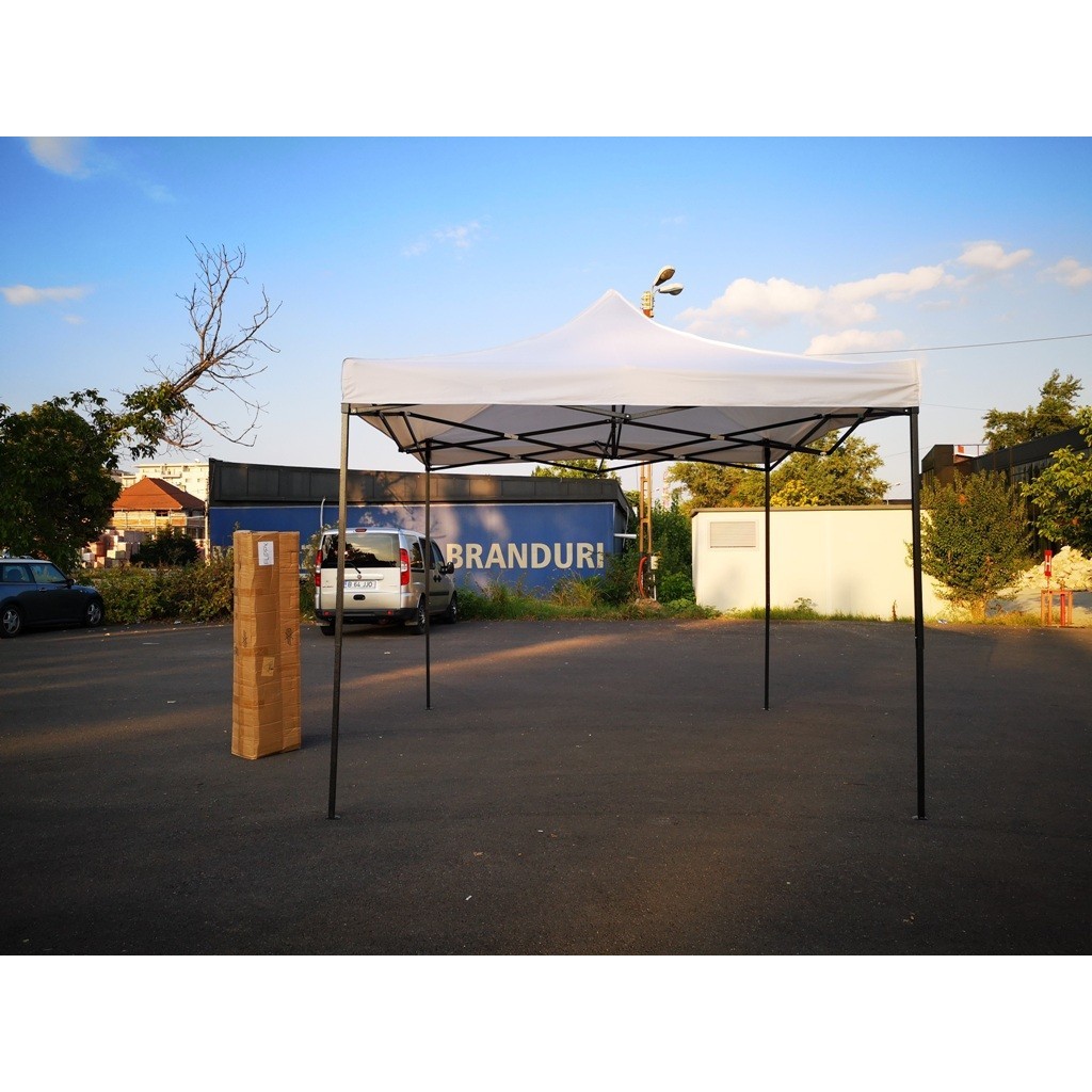 Cort Pavilion 3x3m Alb Pliabil Cadru Metal pentru Curte, Gradina, Evenimente