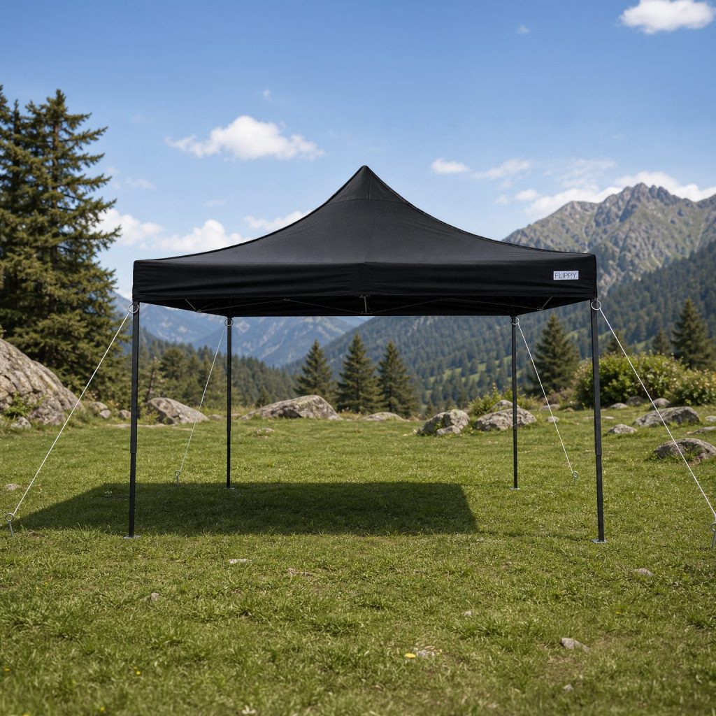 Cort Pavilion Pliabil 3x3m, Flippy, Cadru Metal Pliabil Ranforsat, Inele pentru Ancorare, Polyester Oxford 420D 185 g/m, pentru Curte, Gradina, Evenimente, Negru