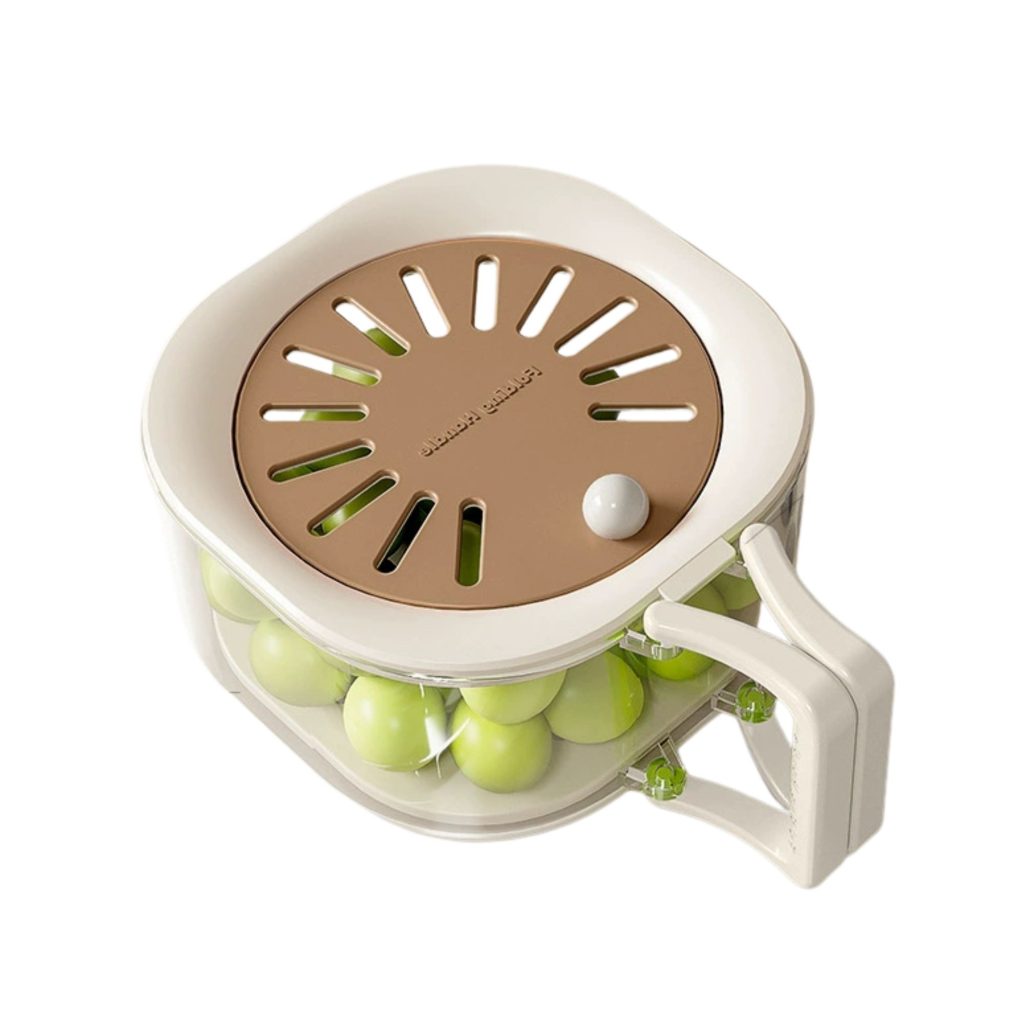 Cos de Scurgere pentru Fructe 2 in 1, Flippy, din Plastic Durabil, Filtru Telescopic, Scurgator de Fructe si Legume, pentru Uz Casnic, 15 x 15 x 8.5 cm, Maro/Bej
