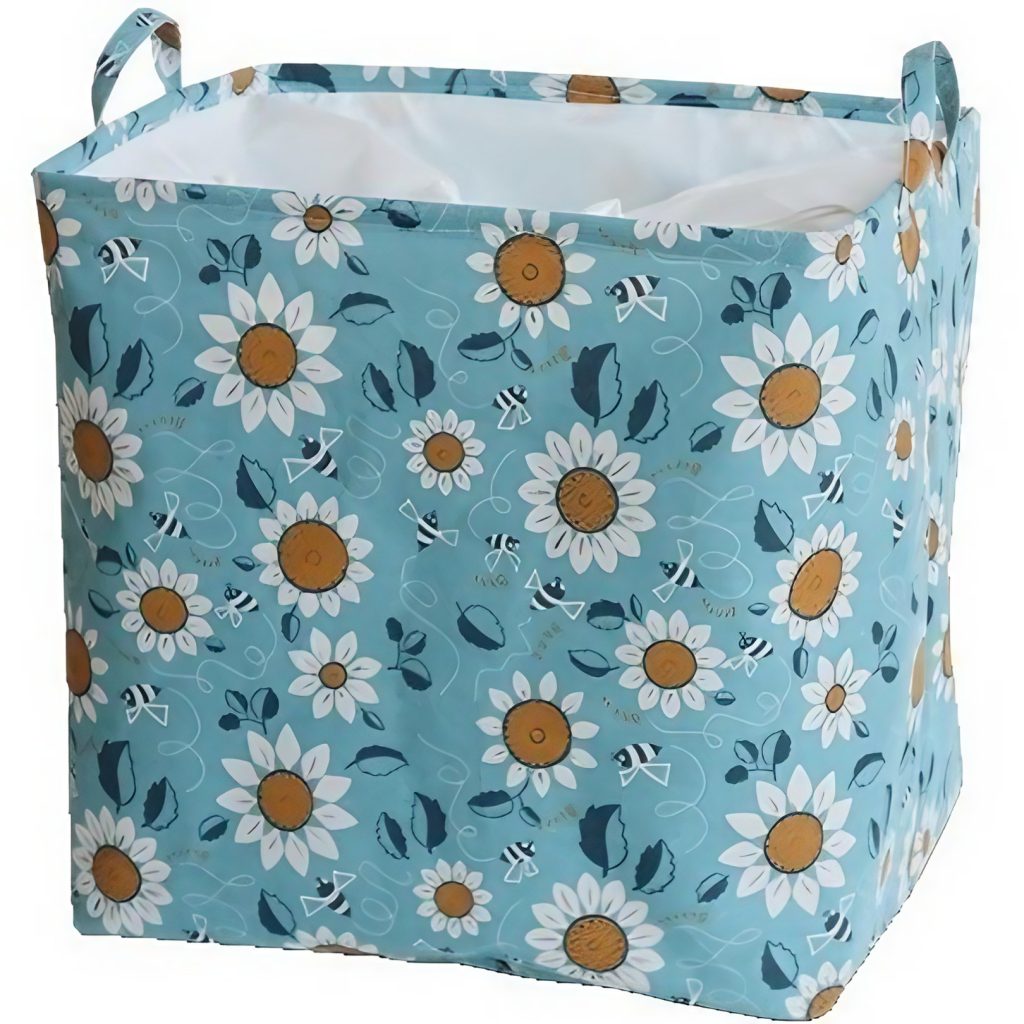 Cos depozitare, Flippy, Capac cu Snur, 175 L, Confectionat din Bumbac si un Strat Impermeabil, 50 x 50 x 70 cm, Albastru Deschis, Imprimeu Flori