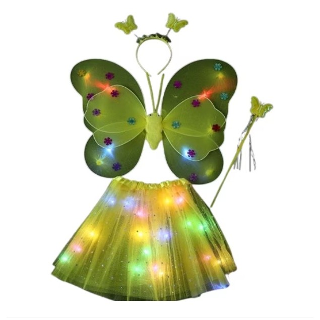 Costum Fluturas cu Aripi Modelabile Luminoase pentru Copii, Flippy, Fusta din Tul cu Lumini, Bagheta si Bentita, 4 piese, Pentru Halloween, Roleplay, Craciun, Carnaval, Paste, Ziua Copilului, Bumbac/Poliester, Marime universala, Galben
