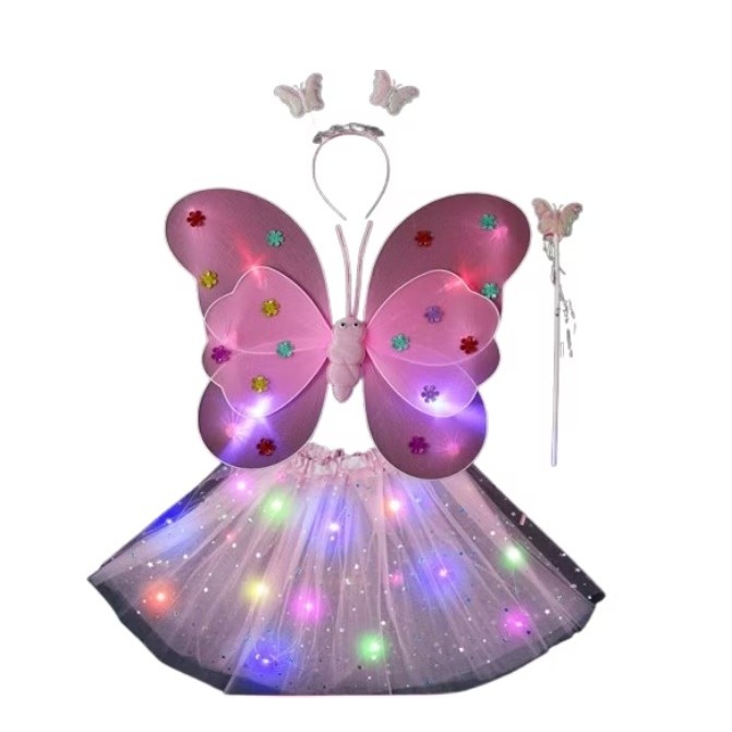 Costum Fluturas cu Aripi Modelabile Luminoase pentru Copii, Flippy, Fusta din Tul cu Lumini, Bagheta si Bentita, 4 piese, Pentru Halloween, Roleplay, Craciun, Carnaval, Paste, Ziua Copilului, Bumbac/Poliester, Marime universala, Curcubeu