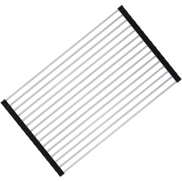 Covoras de Scurgere pentru Chiuveta Bucatarie, din Otel Inoxidabil, Suport Chiuveta, Pliabil, Antiderapant, Usor de Curatat si de Depozitat, 37x30 cm, 15 Tuburi, Negru
