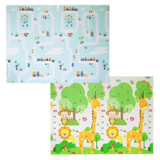 Covoras pentru Copii, Flippy, cu 2 Fete, Model Drum/Safari, din XPE+PE, Impermeabil, Antiderapant, Protectie Termica, +3 Luni, Pliabil, 150 x 200 x 1 cm, Multicolor