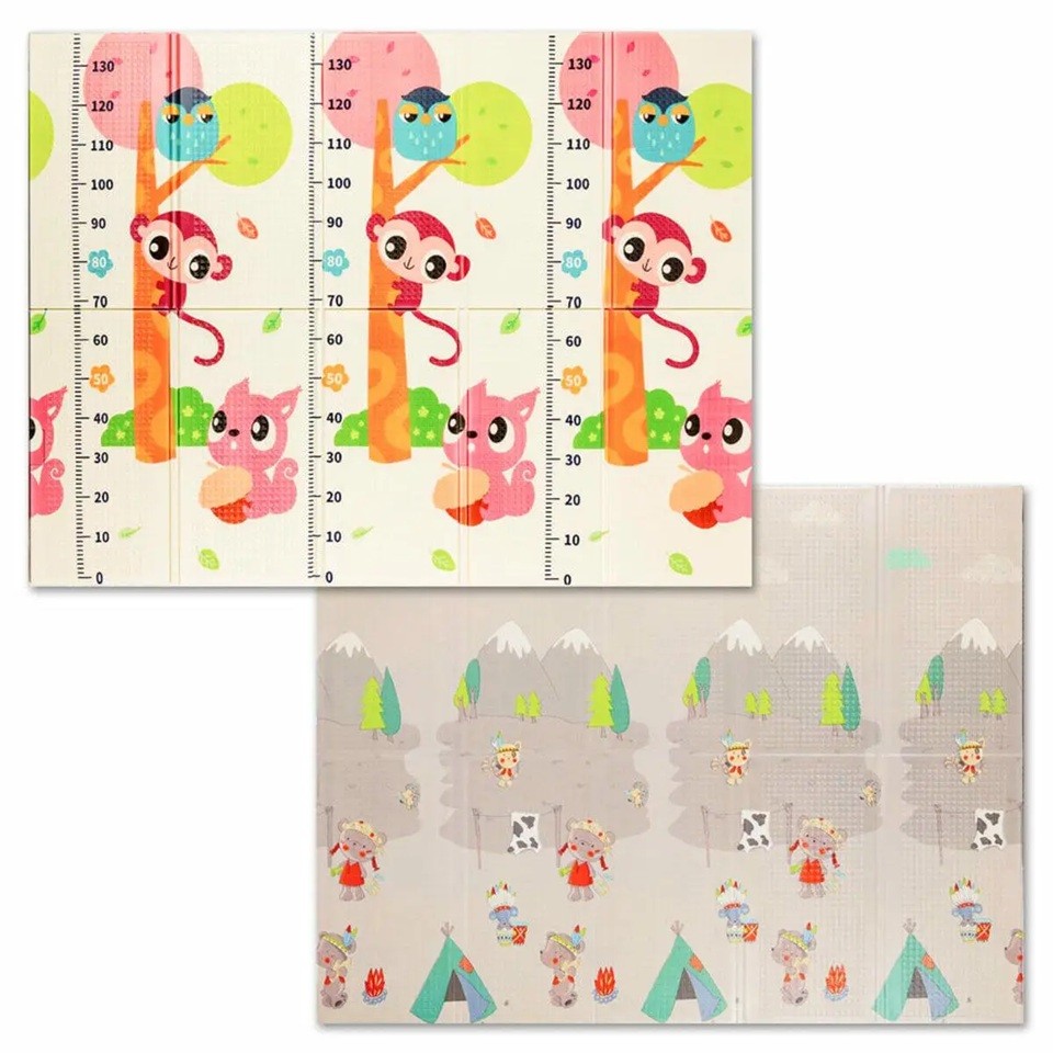 Covoras pentru Copii, Flippy, cu 2 Fete, Model Maimute/Indieni, din XPE+PE, Impermeabil, Antiderapant, Protectie Termica, +3 Luni, Pliabil, 150 x 200 x 1 cm, Multicolor