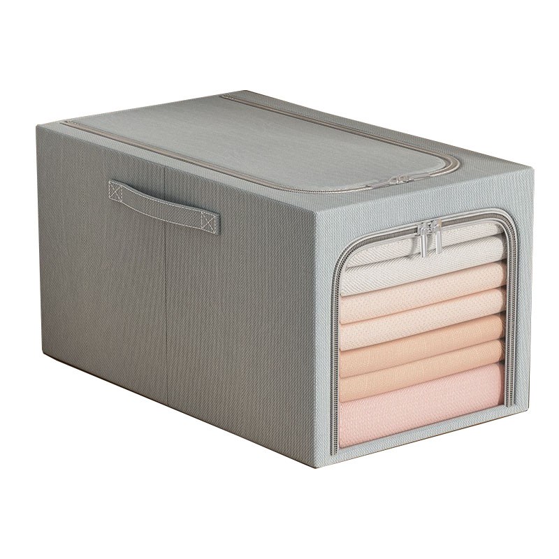 Cutie de Depozitare, Flippy, 56L, din In si Bumbac, Pliabila, Cadru din Otel, 53 x 35 x 30 cm, Albastru Fumuriu