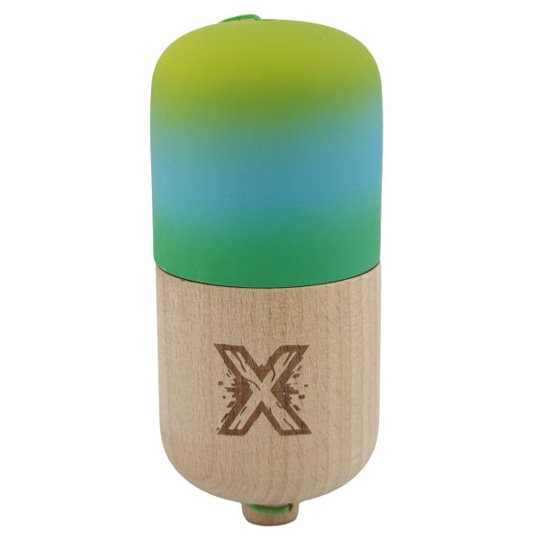 Kendama Pill X Originala, Flippy, Profesionala Model Rubber Grip Pilula, din Lemn, Varsta 9+, Ata 62/65 cm, 11 x 5 x 5 cm, Gradient Galben/Albastru/Verde