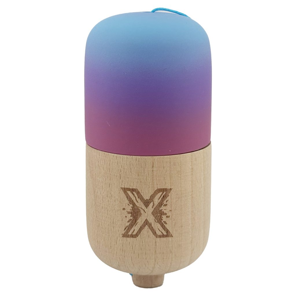 Kendama Pill X Originala, Flippy, Profesionala Model Rubber Grip Pilula, din Lemn, Varsta 9+, Ata 62/65 cm, 11 x 5 x 5 cm, Gradient Albastru deschis/Rosu