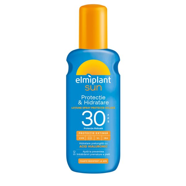 Crema de Soare, Lotiune Spray Pentru Protectie Solara, Elmiplant Sun, Protectie si Hidratare cu Acid Hialuronic, SPF 30, 200 ml