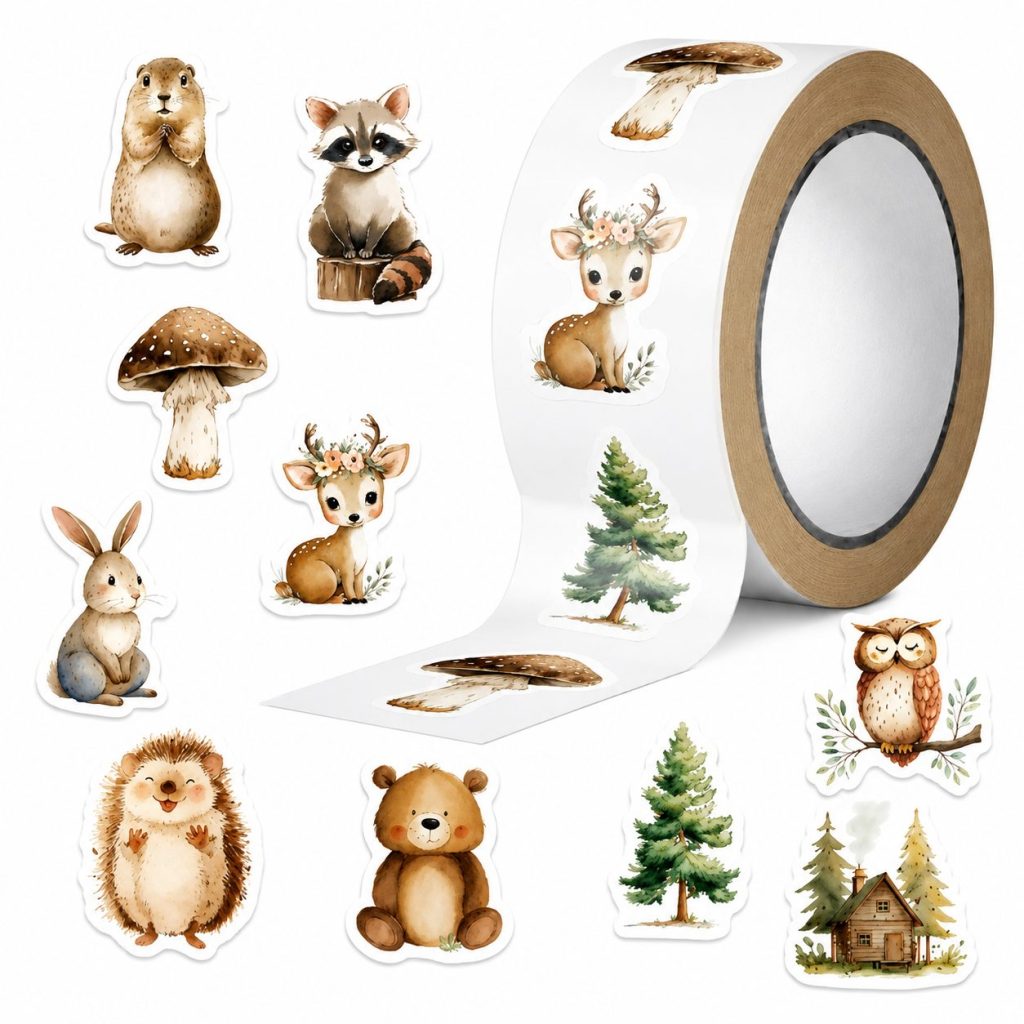 Rola cu 500 Stickere Decorative, Flippy, 10 Modele cu Animale de Padure, Tip Washi Tape, pentru Jurnal, Caiete si Activitati DIY, Latime Rola 3 cm, Multicolor