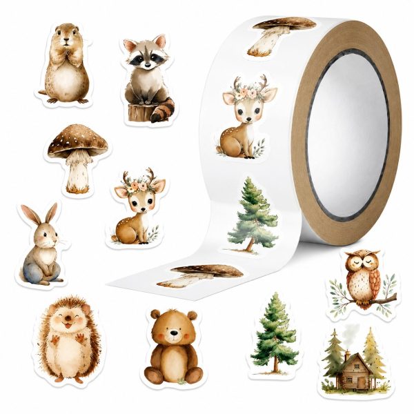 Rola cu 500 Stickere Decorative, Flippy, 10 Modele cu Animale de Padure, Tip Washi Tape, pentru Jurnal, Caiete si Activitati DIY, Latime Rola 3 cm, Multicolor