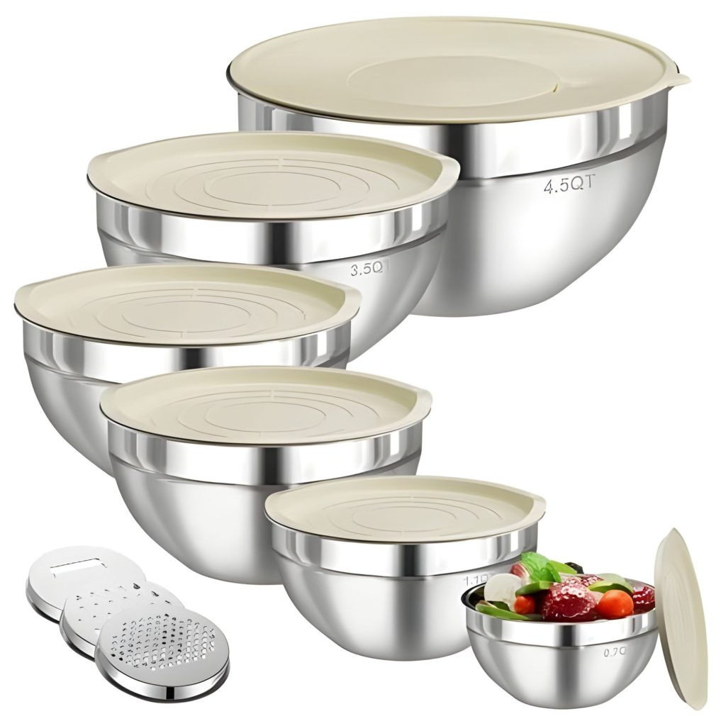 Set 6 Boluri pentru Mixare si Depozitare, Flippy, Inox Premium, Capace Ermetice, 3 Accesorii Razuire si Feliere, Interior Gradat, Design Nestable, Argintiu