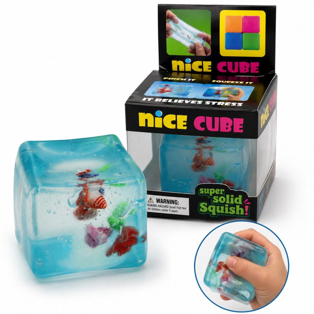 Jucarie Squishy tip Needoh in Forma de Cub, Flippy, Model Ocean cu Scoici, Antistres Senzoriala Comprimabila cu Revenire, 5 cm, Albastru