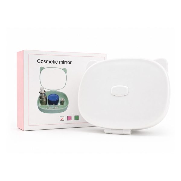 Cutie de Depozitare a Machiajelor si Accesoriilor cu Oglinda, Model Pisică, 4 Compartimente pentru Cosmetice și Accesorii, 17 x 13 x 6 cm, Alb