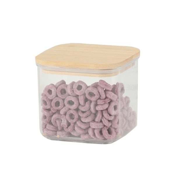 Cutie de Depozitare Alimente, Flippy, Cutie de tip Container, Cutie pentru Cereale, din Plastic, Capac din Bambuc, 10 x 10 x 8 cm, Volum 0.5 L, Transparenta