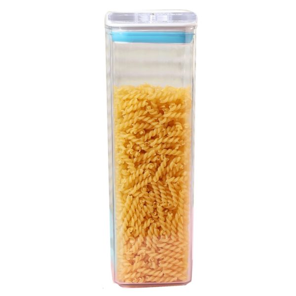 Cutie de Depozitare Alimente, Flippy, tip Container, 1.9L, 10x10x30.5 cm, Recipiente pentru Cereale in Bucatarie,  Transparente cu Capac Alb-Albastru