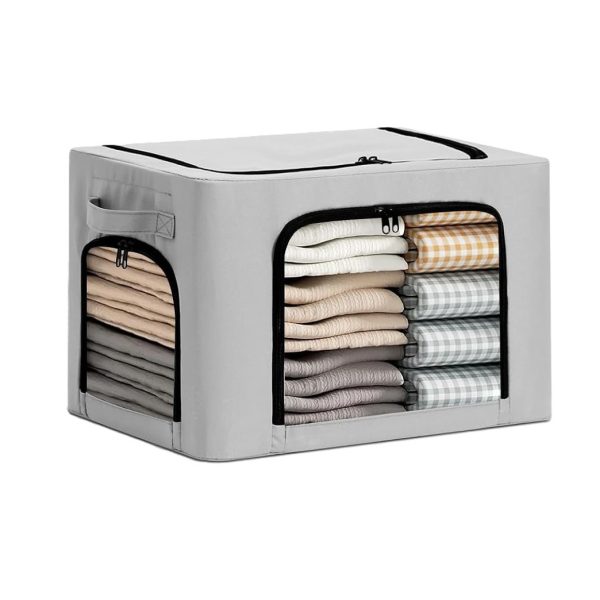 Cutie de Depozitare, Flippy, cu 3 Ferestre cu Fermoar Bidirectional, Cadru din Otel, Impermeabil, 38L, 42 x 30 x 30 cm, Gri