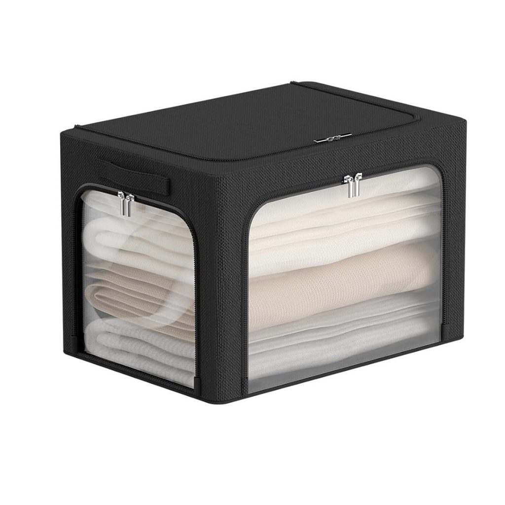 Cutie de Depozitare, Flippy, cu 3 Ferestre cu Fermoar Bidirectional, Cadru din Otel, Impermeabil, 38L, 42 x 30 x 30 cm, Negru
