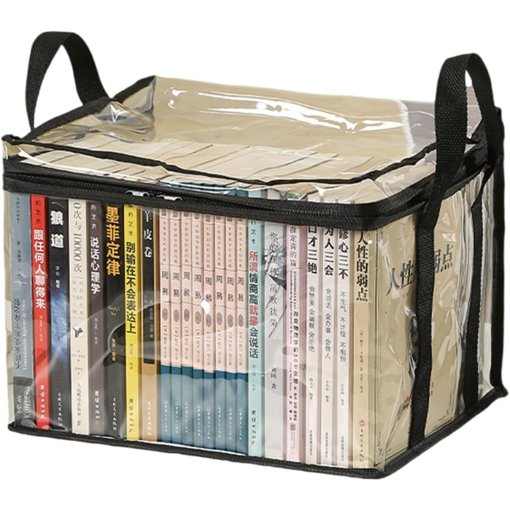 Cutie de Depozitare, Flippy, din PVC + Textil, Rezistenta la Apa, Geanta pentru Carti, 32x24x25 cm, Transparent-Negru