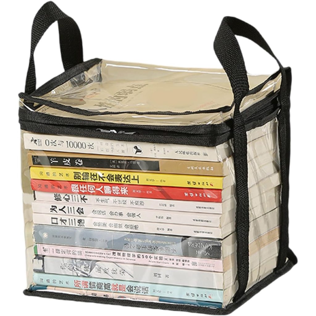 Cutie de Depozitare, Flippy, din PVC + Textil, Rezistenta la Apa, Geanta pentru Carti, 23x17x28 cm, Transparent-Negru