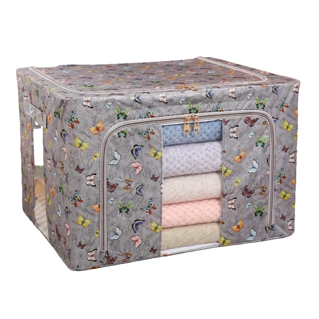 Cutie Depozitare, Flippy, 66L, din Material Textil, 50 x 40 x 33 cm, pentru Haine si Lenjerii, Model Fluturasi, Gri Inchis