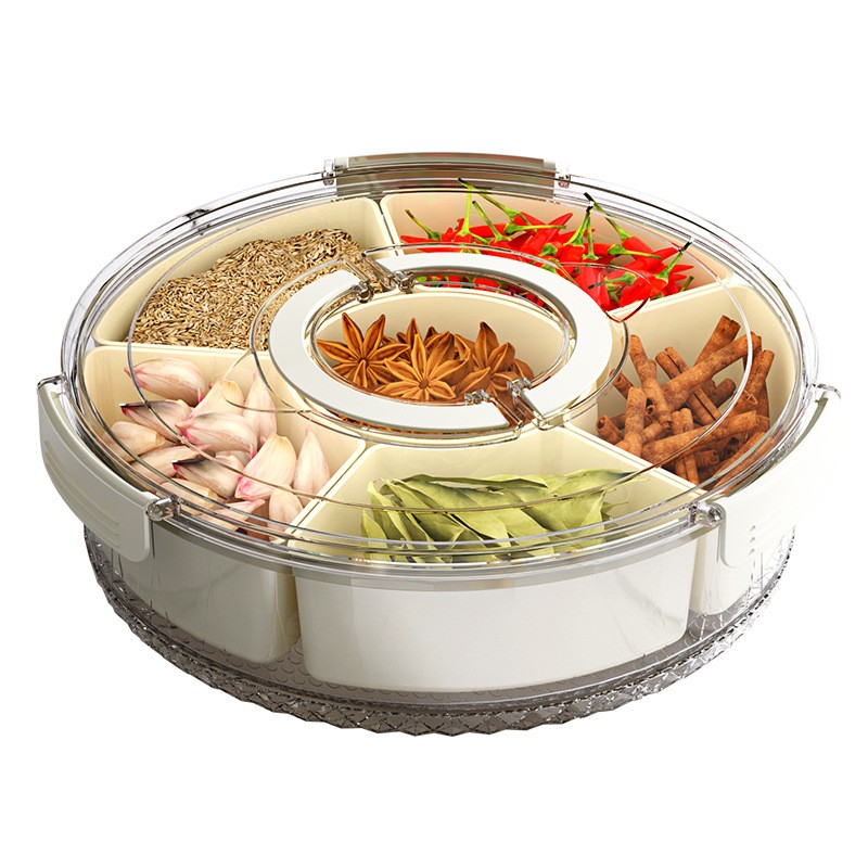 Cutie de Depozitare pentru Alimente, Flippy, cu 6 Compartimente, pentru Condimente, Fructe, Legume, cu Manere de Prindere, Rotativa 360 de Grade, Inchidere Ermetica, 32x10 cm, Alba