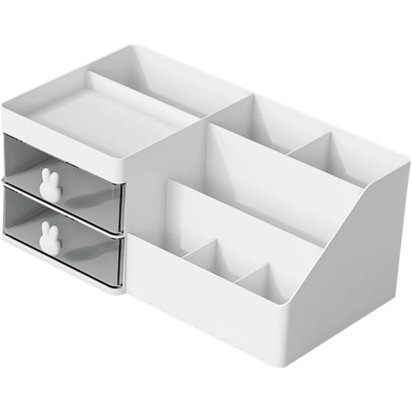 Cutie de Depozitare pentru Birou, Flippy, Pentru Makeup, Papetarie, Organizator Cosmetice, 2 Sertare si Compartimente Multiple, Model Iepuras, Plastic, 27.5x15.5x12 cm, Alb