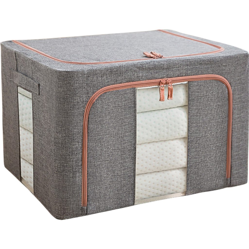 Cutie de depozitare pliabila, Flippy, Cu fermoar, 100 L, Textil, 60x42x40 cm, Cadru Metalic, Suport Baza Stabil din Plastic, Gri, Cu doua ferestre