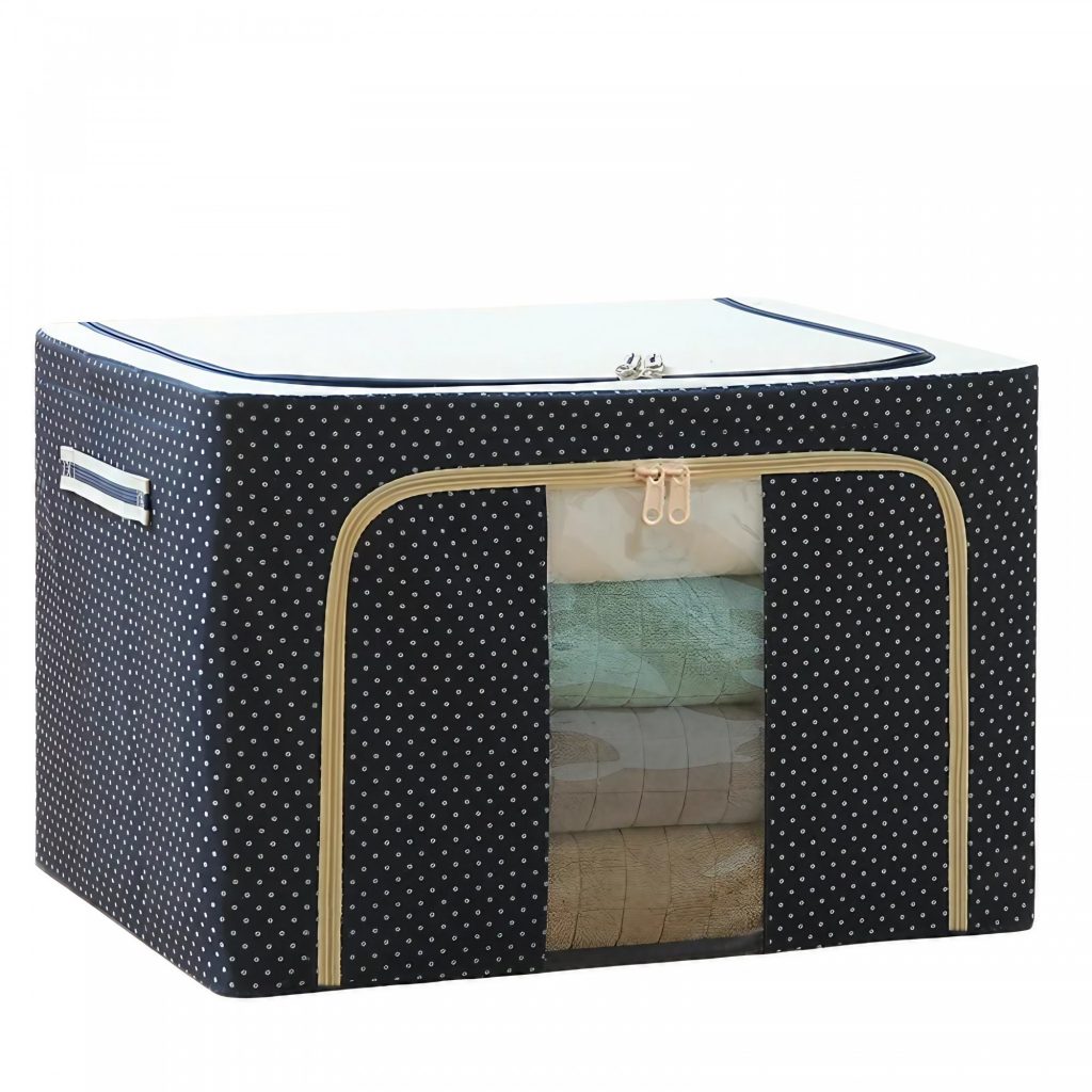 Cutie de Depozitare Pliabila, Flippy, Cu Fermoar, 66 L, Textil, 50 x 40 x 33 cm, Cadru Metalic, Suport Baza Stabil din Plastic, Imprimeu Buline, Albastru Marin