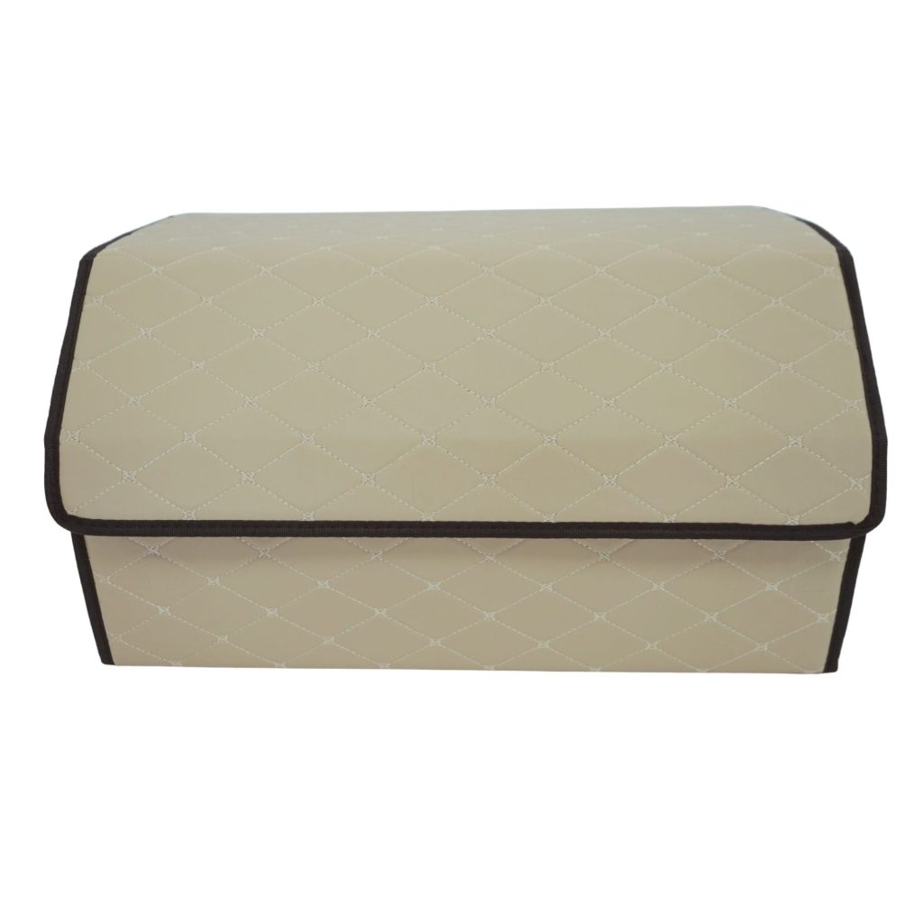 Cutie de Depozitare Auto, Flippy, Organizator Premium Portbagaj, 2 Compartimente Depozitare, Geanta Multifunctionala  din Piele Ecologica, Pliabil  si Rezistent la Uzura, Bej Deschis, 55 x 30 x 30cm