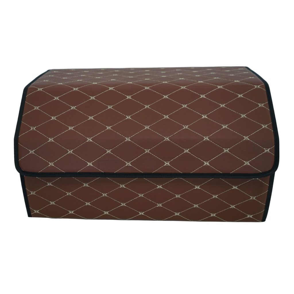 Cutie de Depozitare Auto, Flippy, Organizator Premium Portbagaj, Geanta Multifunctionala  din Piele Ecologica, 2 Compartimente Depozitare, Pliabil, Rezistent la Uzura, Maro Inchis, 55 x 30 x 30cm