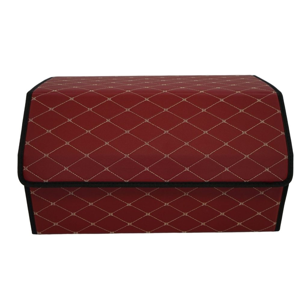 Cutie de Depozitare Auto, Flippy, Organizator Premium Portbagaj, Geanta Multifunctionala  din Piele Ecologica, 2 Compartimente Depozitare, Rezistent la Uzura si Pliabil, Bordo, 55 x 30 x 30cm