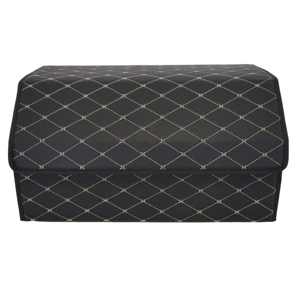 Cutie de Depozitare Auto, Flippy, Organizator Premium Portbagaj, Geanta Multifunctionala, Piele Ecologica, Pliabil  si Rezistent la Uzura, 2 Compartimente Depozitare, Pliabil  si Rezistent la Uzura, Negru/Alb, 55 x 30 x 30cm